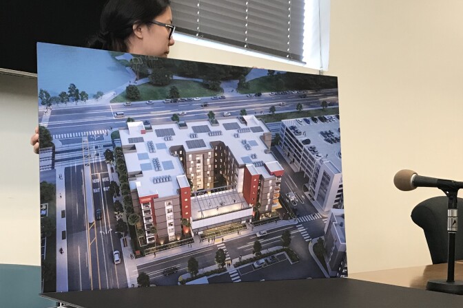 A rendering of a proposed 95-unit graduate student housing complex to be built on the USC Health Sciences Campus in East L.A. Some residents in surrounding neighborhoods are concerned that USC's plans to build out the campus will further fuel gentrification.  