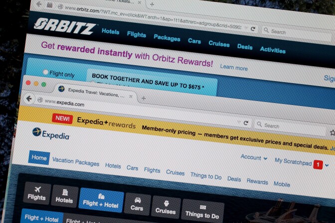 MIAMI, FL - FEBRUARY 12:  In this photo illustration, the website for Expedia Inc. and Orbitz Worldwide Inc. are seen next to each other on February 12, 2015 in Miami, Florida.  Expedia annouced plans to purchase Orbitz for about 1.34 billiion dollars.  (Photo Illustration by Joe Raedle/Getty Images)