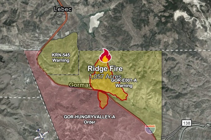 A map denoting evacuation zones for the Ridge Fire