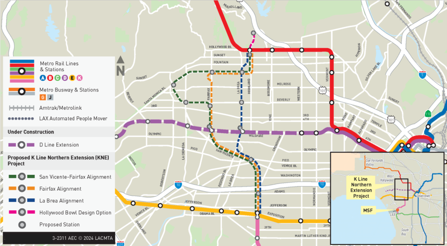 Map detailing the LA subway system and three proposed routes north of Expo/Crenshaw to Hollywood.