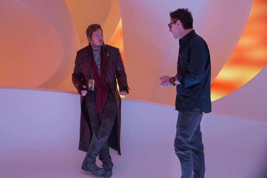 Chris Pratt (left) and director James Gunn on the set of Marvel's "Guardians Of The Galaxy Vol. 2."
