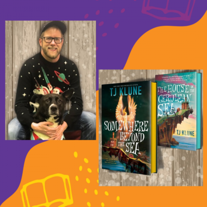 A digital collage showing author TJ Klune with his dog. He's wearing a holiday sweater that shows Santa on a unicorn in outer space. Another photo shows the cover of two of Klune's books, "Somewhere Beyond the Sea" and "The House in the Cerulean Sea."