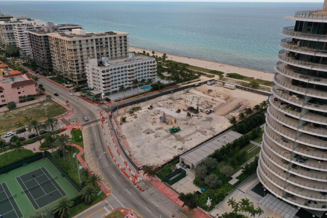 An aerial view of the cleared lot where the 12-story Champlain Towers South condo building once stood in Surfside, Florida.