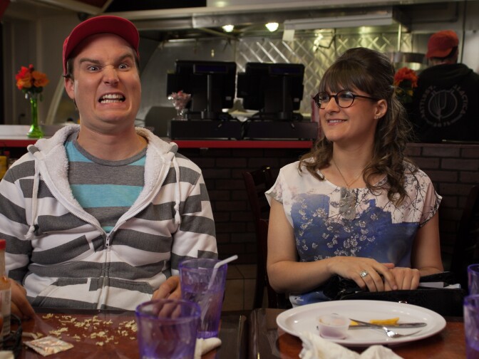 Columnist Michael Swaim and comedian Katie Willert during a taping of Cracked.com's "Cracked After Hours"