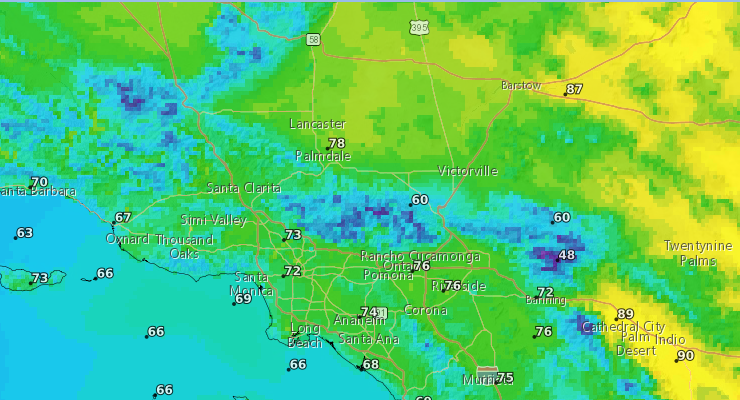 A geothermal map of SoCal in shades of green, blue and yellow with white numbers over different cities.