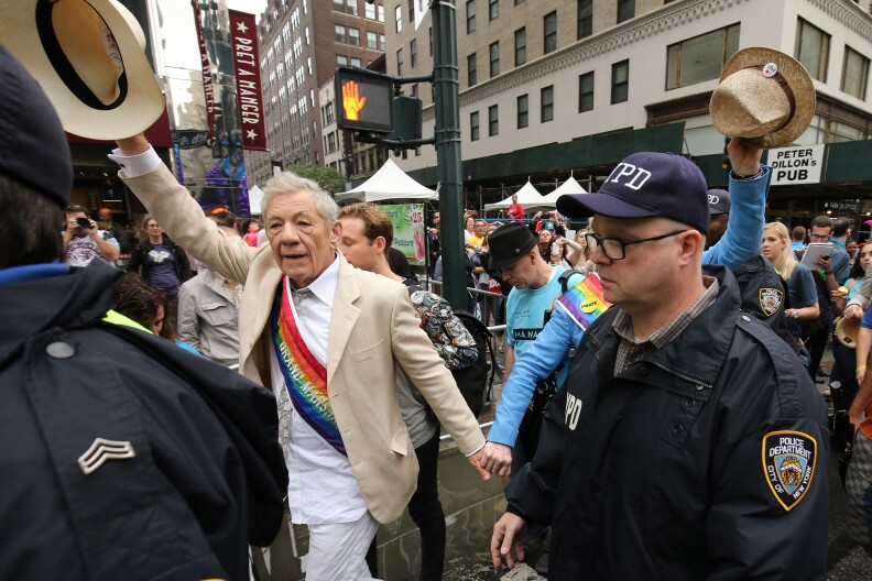 2015 NYC Pride March Grand Marshal Sir Ian McKellen marches in the 2015 New York City Pride march on June 28, 2015 in New York City. 