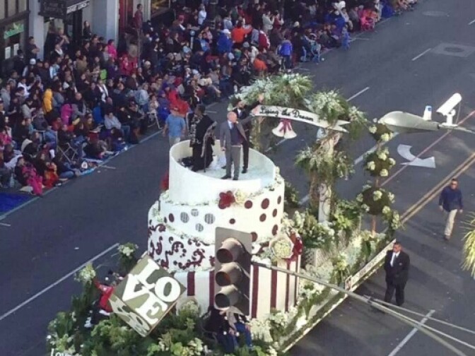 A shot from a KPCC listener shows the AIDS Healthcare Foundation float on which couple Danny LeClair and Aubrey Loots were wed. It was the first gay marriage ceremony in the parade's history.