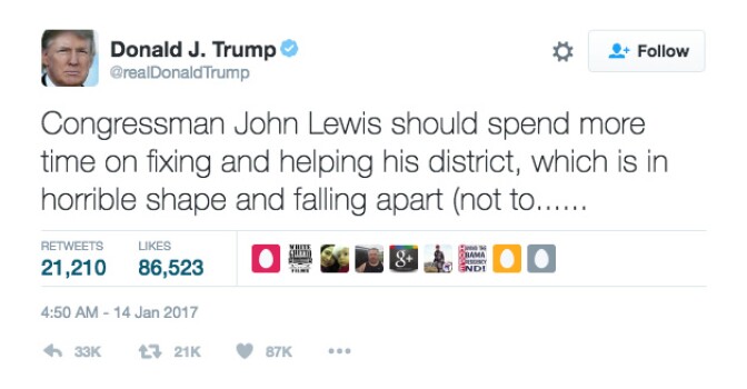 Screengrab of a tweet in which President-elect Donald Trump criticizes civil rights icon Congressman John Lewis.