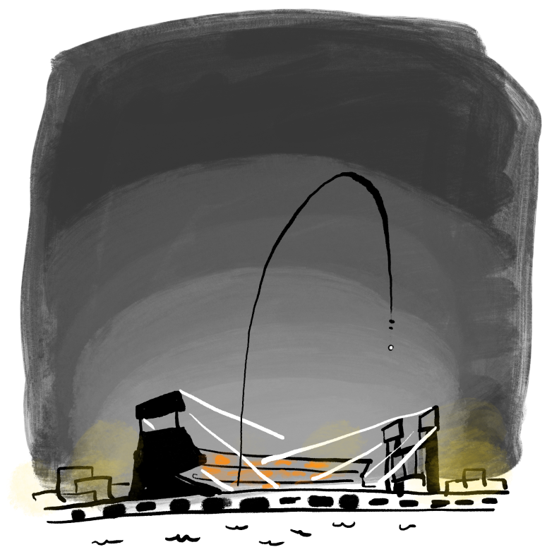 A cartoon showing a baseball being hit out of the stadium, with a line tracking its arc. There is water shown in the foreground. The sky is gray.