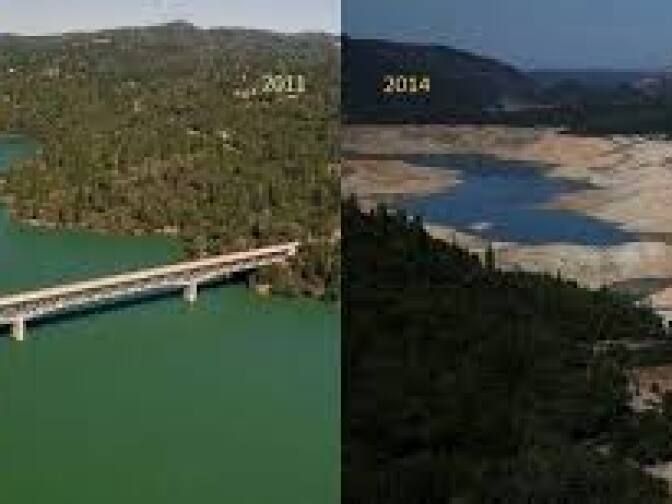 The image shows the drastic changes in river flow during drought years from 2011 to 2014 along the Sacramento River in California, which serves as an example of what most of the natural waterways in California are experiencing. 