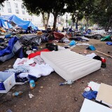 LOS ANGELES, CA - NOVEMBER 30:  Debris and belongings of Occupy Los Angeles remain in the empty encampment at City Hall following the Los Angeles Police Department raid on November 30, 2011 in Los Angeles, California. Protesters remained on the City Hall lawn despite a deadline, set by Los Angeles Mayor Antonio Villaraigosa, to dismantle their campsite and leave the park which the city declared closed as of 12:01 am November 28th.  (Photo by Kevork Djansezian/Getty Images)