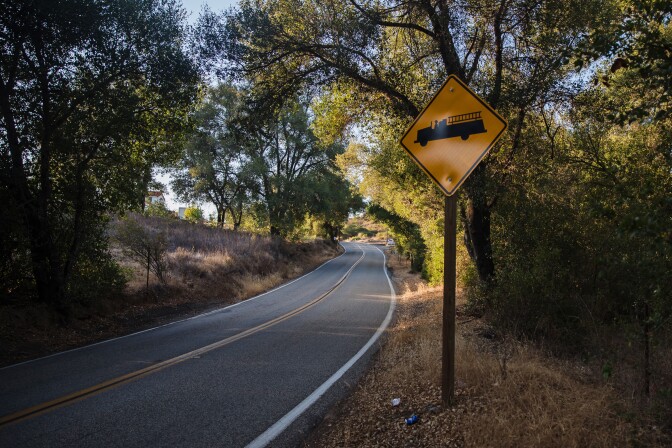 A yellow caution sign gas the image of a fire truck along a gently winding tree-lined road.