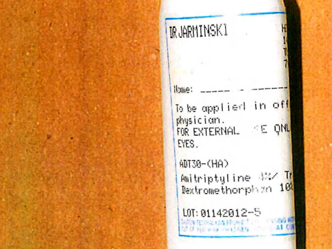 One side of the label of the tube of cream Dr. Jarminski allegedly prescribed for Priscilla Lujan. It lists Amitriptyline and Dextromethorphan as ingredients.
