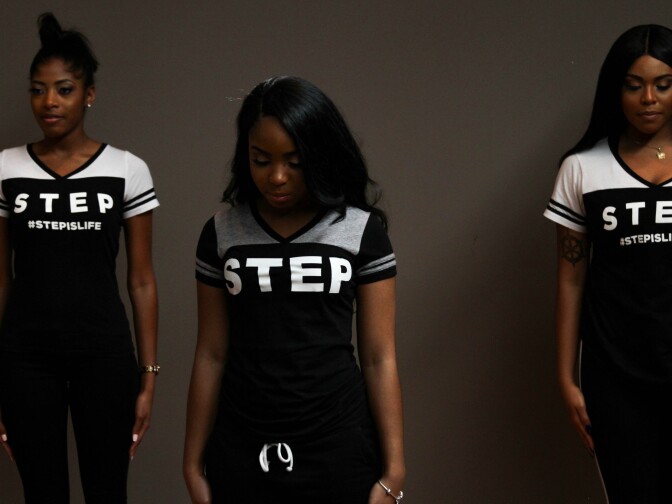 Cori Grainger (left), Tayla Solomon (middle) and Blessin Giraldo of the Lethal step team featured in Step, a documentary film, perform in the Mohn Broadacst Center, Los Angeles, California on July 28, 2017.