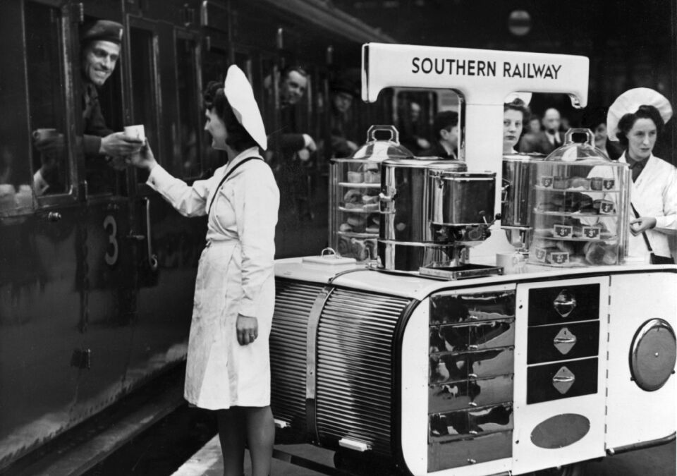 One of the Southern Railway's new tea trolleys in service at Waterloo Station, London on March 1, 1946.