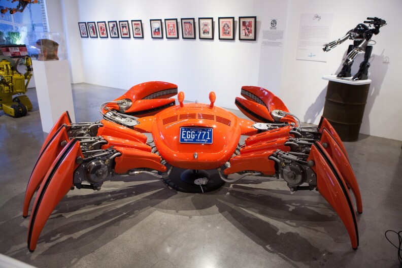 A robot sculpture by Cristian Castro, who works as a designer at Ebus, an electric bus manufacturer in Downey, Calif., on display at Stay Gallery.