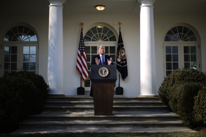 WASHINGTON, DC - FEBRUARY 15:  U.S. President Donald Trump speaks on border security during a Rose Garden event at the White House February 15, 2019 in Washington, DC. Trump said he would declare a national emergency to free up federal funding to build a wall along the southern border.  (Photo by Chip Somodevilla/Getty Images)