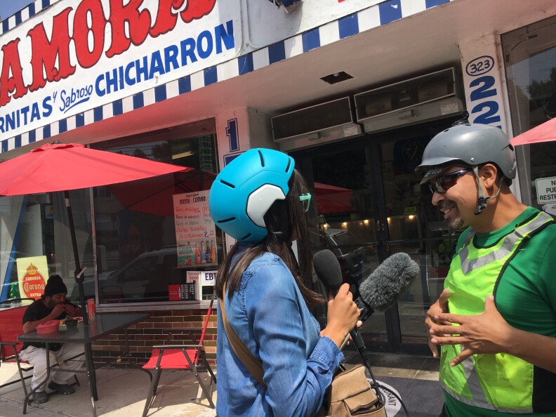In front of Zamora Brothers, a Boyle Heights restaurant featured on the cycle tour and famous for its carnitas.