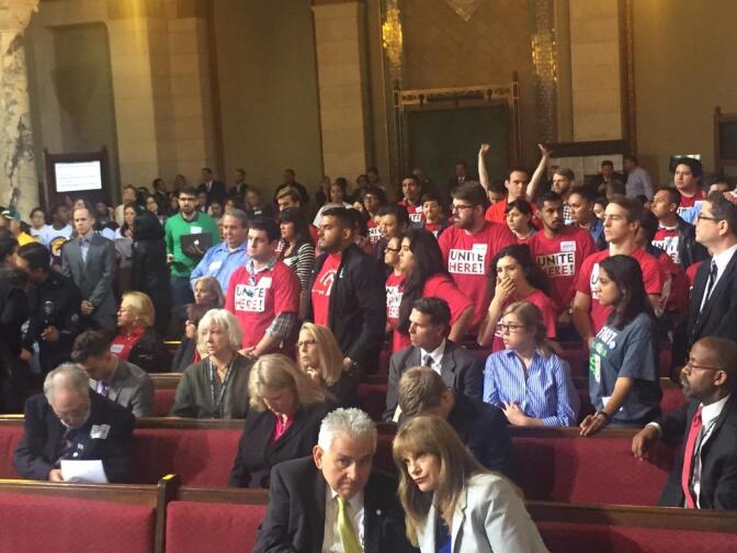 Supporters — mostly — of a proposal to raise the minimum wage in Los Angeles to $15 an hour by 2020 once again packed the city council chambers on Wednesday, June 3, 2015, for a big vote. The council voted 13-1 to adopt the ordinance, which means it will need one more vote next week for final approval.