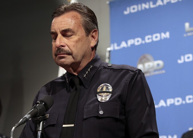 File: Los Angeles Police Chief Charlie Beck declines to discuss details of a witness lineup in connection with the beating of San Francisco Giants fan Bryan Stow at Dodger Stadium during a news conference at police headquarters Thursday, May 26, 2011, in Los Angeles.