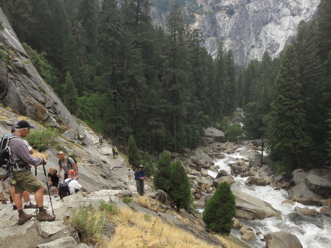 Visitors hike the Vernal Fall trail in Yosemite National Park, California. Yosemite is among California's biggest tourist destinaitons.