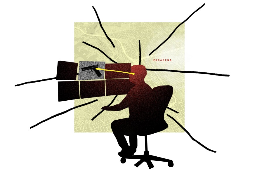 A silhouetted figure sits in front of a bay of monitors in an illustration. One of the monitors shows a gun. Behind the figure is a city map that is labeled "Pasadena."