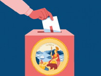 Graphic of a person's hand placing a ballot in a ballot box decorated with the California state seal