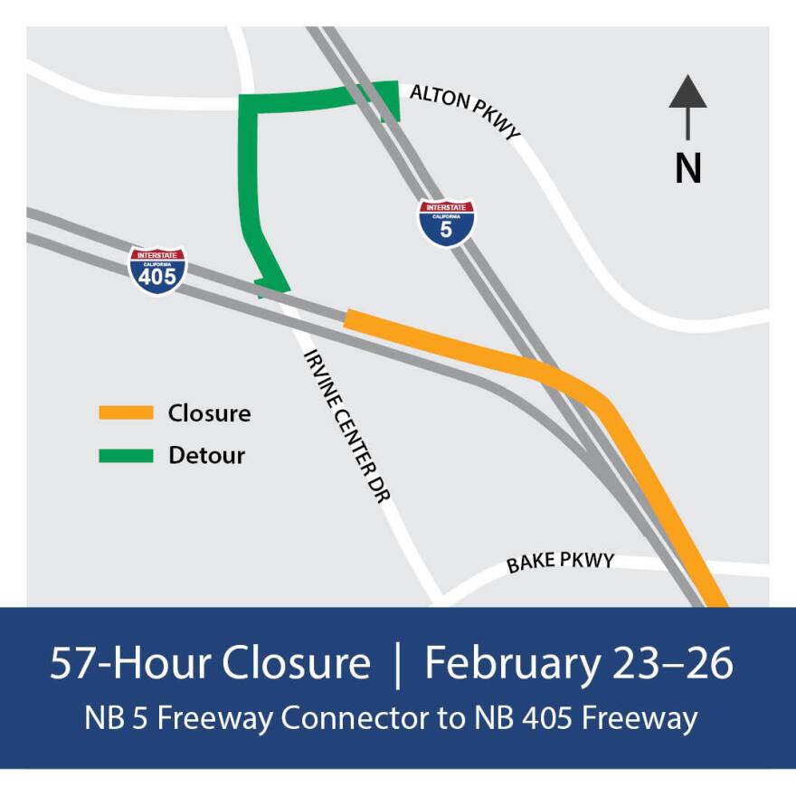 An image showing the northbound I-5 road to the northbound I-405 closure and a detour.