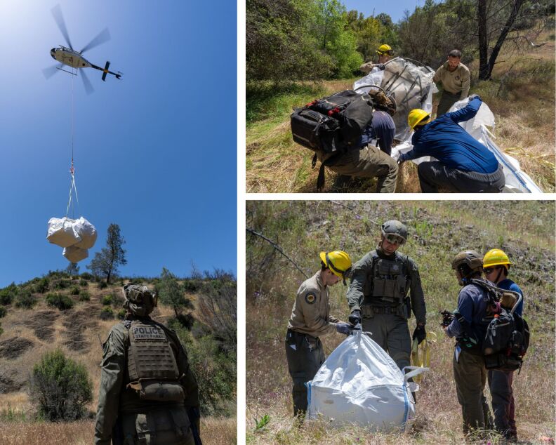 Three pictures of law enforcement and park rangers putting trash in a big sack, and a helicopter picking it up.