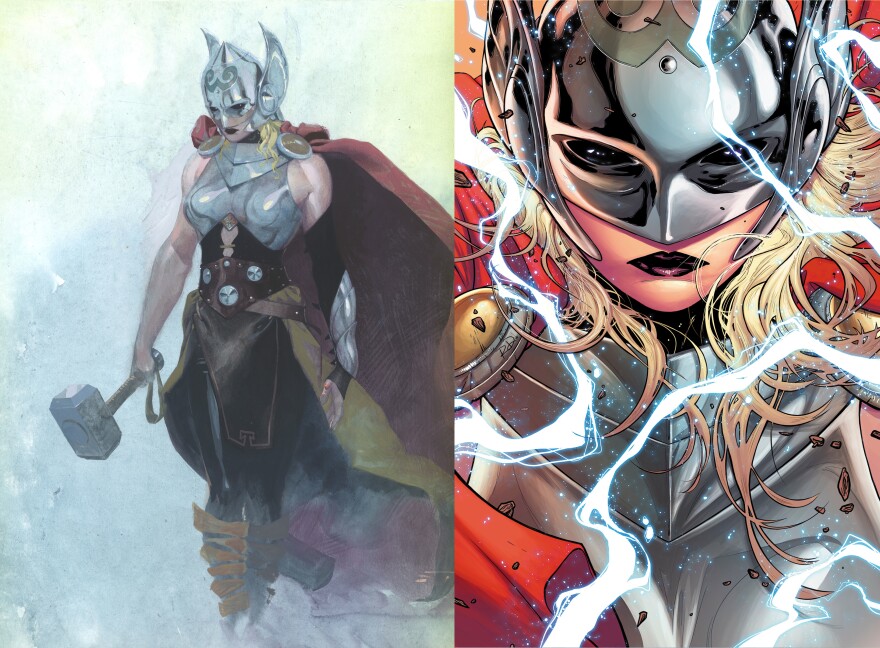 The new female Thor, drawn by Esad Ribic and new series artist Russell Dauterman.