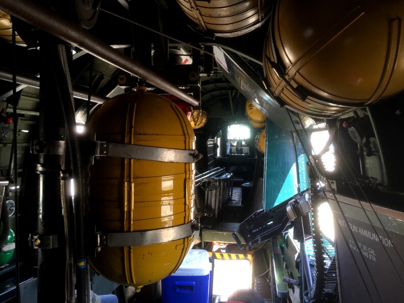 Looking rear in the Collings B-24. The yellow tanks were for oxygen.