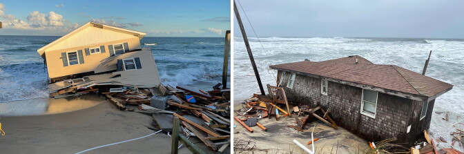 A collapsed home at a beach.
