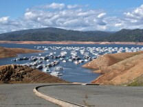 Lake Oroville, the largest reservoir in the State Water Project and the second-biggest in California after Lake Shasta, was at 50 percent of capacity on April 5, 2014. 
