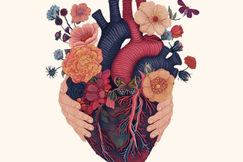 Hands holding a heart made with veins and flowers