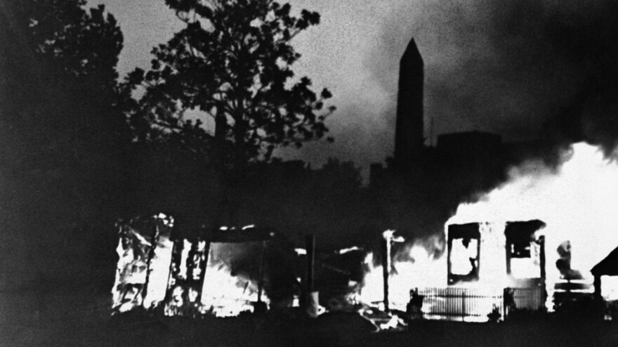 In 1932, a group of WWI veterans in Portland, Ore., rallied the Bonus Army to Washington to lobby for early payment of their promised bonuses. They set up camp along the Anacostia River that May. But by July, officials lost patience and went into the camp to evict the marchers. It turned violent. A soldier torched a tent, and the Army began torching everything still standing.