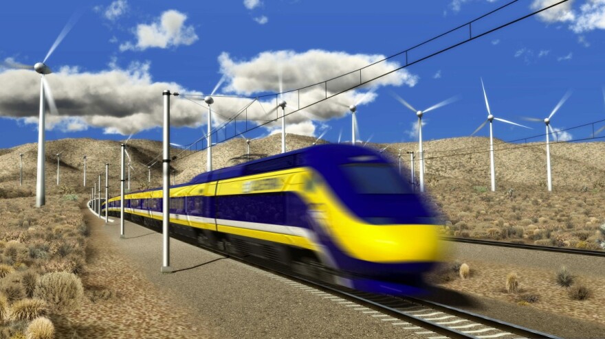A rendering of what a high-speed rail train would look like traversing California's desert. 
