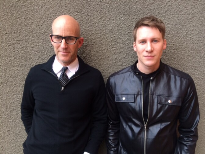 The Frame's John Horn with Dustin Lance Black, creator of the ABC miniseries "When We Rise" outside of KPCC, Southern California Public Radio