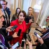 WASHINGTON, DC - FEBRUARY 3: Senator Amy Klobuchar (D-MN) talks to reporters just off the Senate floor during a recess in the Senate impeachment trial of President Donald Trump on February 3, 2020 in Washington, DC. Closing arguments begin Monday after the Senate voted to block witnesses from appearing in the impeachment trial. The final vote is expected on Wednesday. (Photo by Samuel Corum/Getty Images)