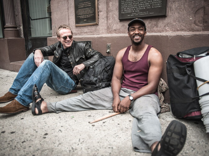 Writer-Director Paul Bettany and Anthony Mackie on the set of "Shelter"