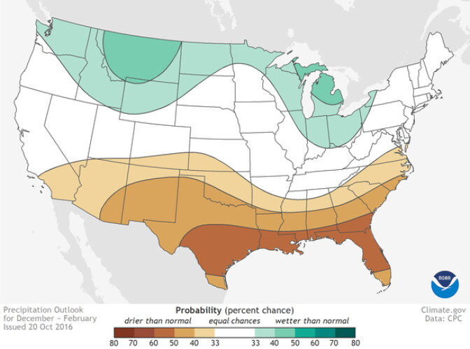 The 2016 winter precipitation prediction from the National Oceanic and Atmospheric Administration.