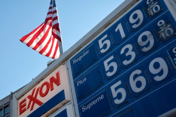 Prices for gas at an Exxon gas station on Capitol Hill are seen in Washington, DC.