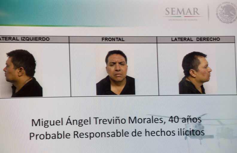 Picture taken from a sreen of the alleged maximun leader of drugs Mexican cartel 'Los Zetas', Miguel Angel Trevino Morales, presented in combo pictures during a press conference at the head quarter of Interior Ministry on July 15, 2013 in Mexico City. According to a spokesman Trevino was arrested early morning during a military operation en Nuevo Laredo.