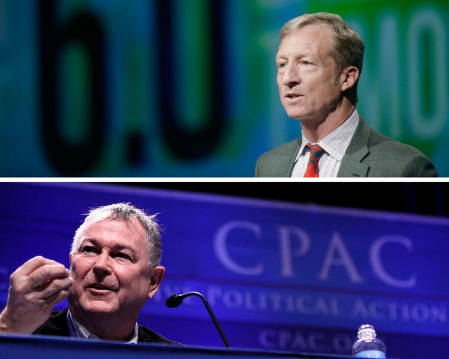 (Above) Tom Steyer introduces a panel during the National Clean Energy Summit 6.0 at the Mandalay Bay Convention Center on August 13, 2013 in Las Vegas, Nevada. (Below) 