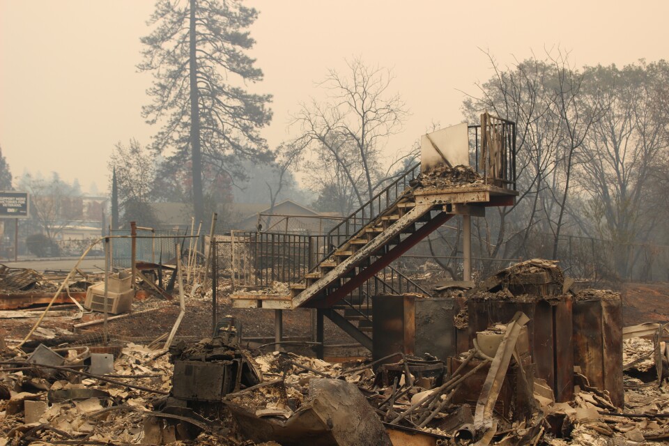 A stairwell stands amidst the burned out remains of a building