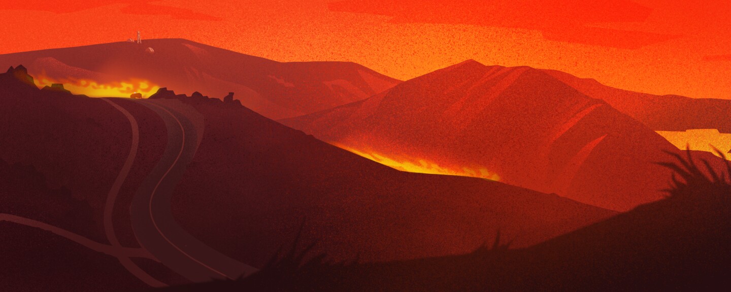 Graphic of a Southern California mountain range at dusk; a mountain road is seen with emergency vehicles and evacuating cars, far in the distance are lights from a city and a view of an observatory perched on a mountain summit, the fading sunlight setting behind the mountains