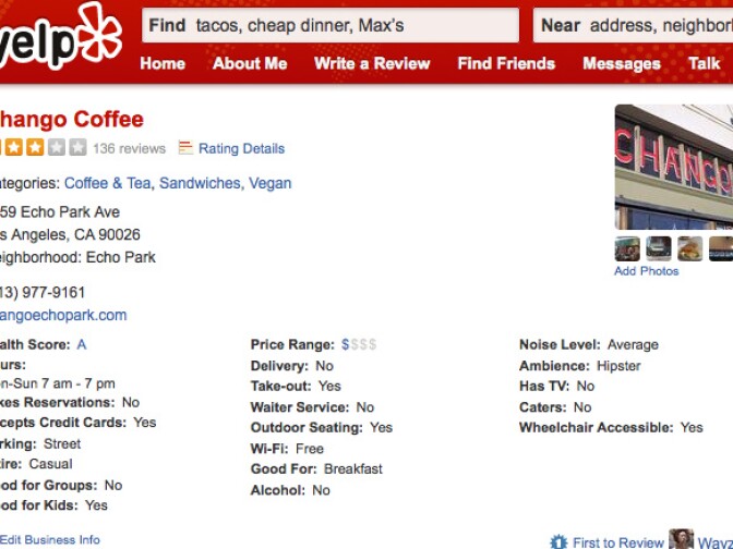 A screenshot of the Yelp listing shows that Chango Coffee averages three stars, but got an "A" from LA County's public health department. 