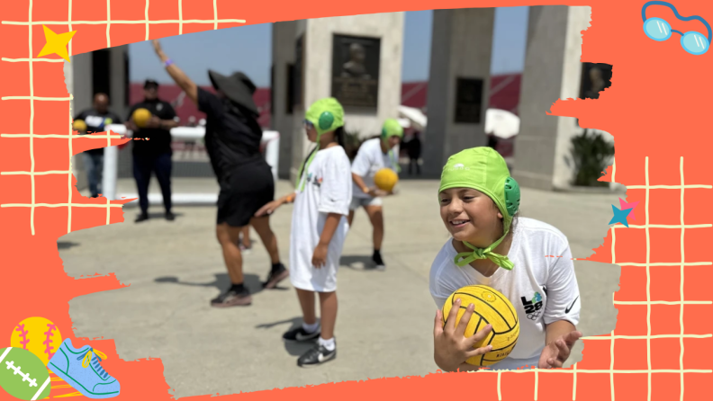 Children in white shirts and bright green head coverings play with yellow balls in an outdoor courtyard. One smiling child in the foreground holds a yellow ball while others play in the background near concrete pillars. The image has an orange decorative border with sports-themed icons including a football and sneaker.