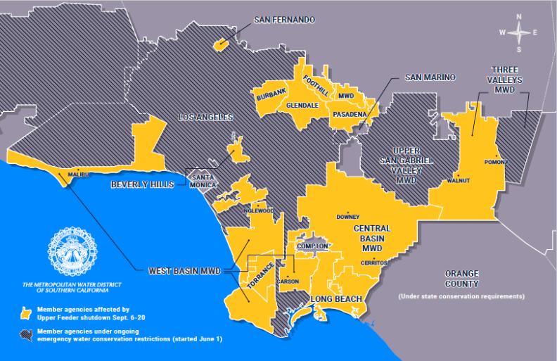 A map of L.A. County with various areas highlighted in yellow.