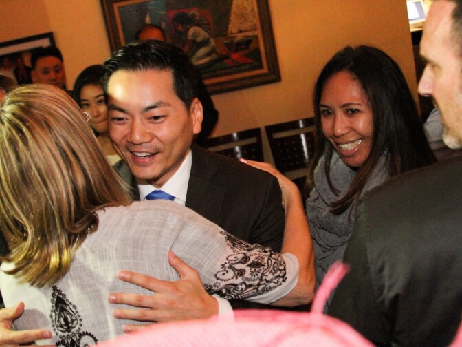Robert Lee Ahn (D) Congressional candidate meets with supporters at La Fonda de Los Camperos on June 6, 2017, for an election night party in the Koreatown neighborhood of Los Angeles, California.