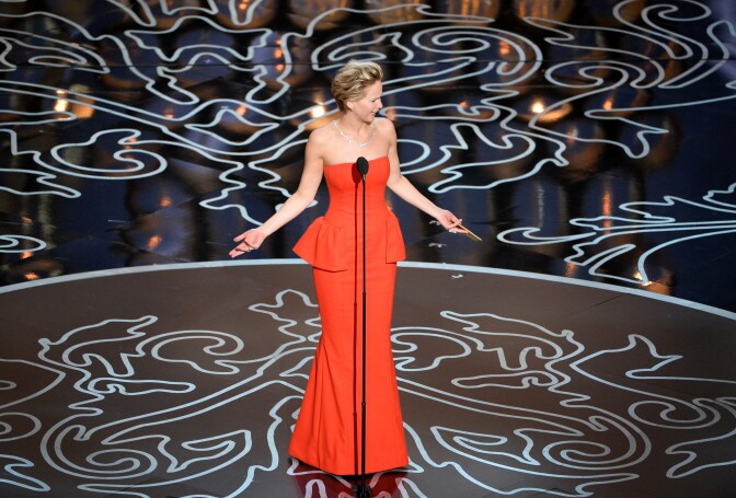 Actress Jennifer Lawrence speaks onstage during the Oscars at the Dolby Theatre on March 2, 2014 in Hollywood.